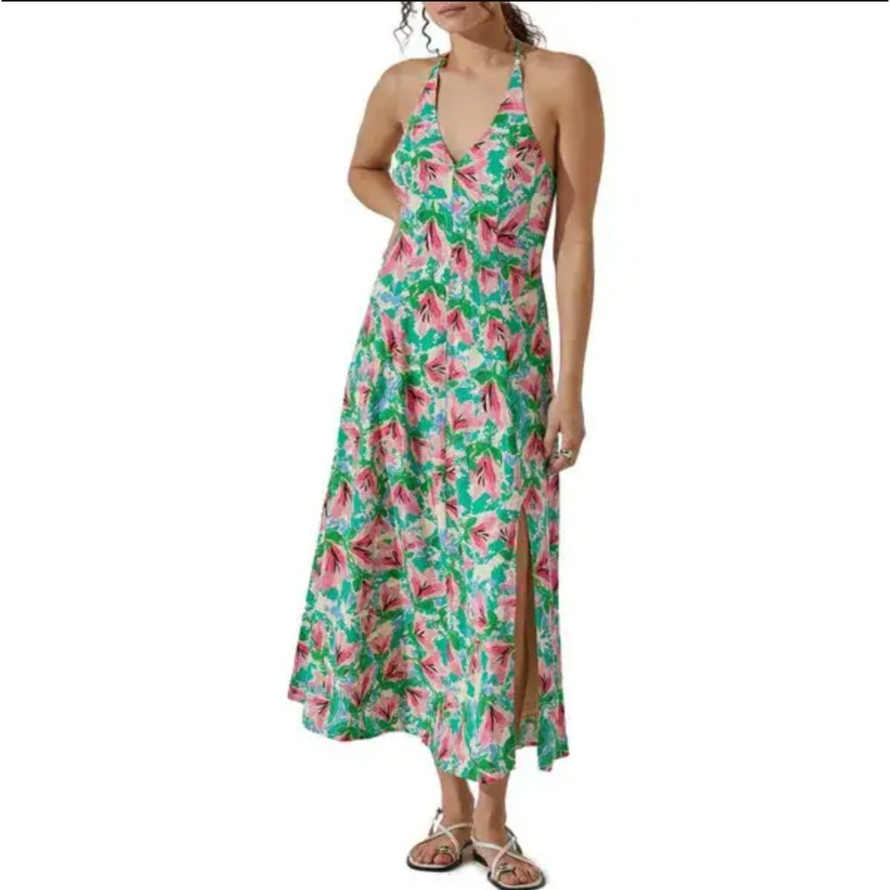 ASTR The Label Floral Print Halter Neck Dress Green Pink Size Small